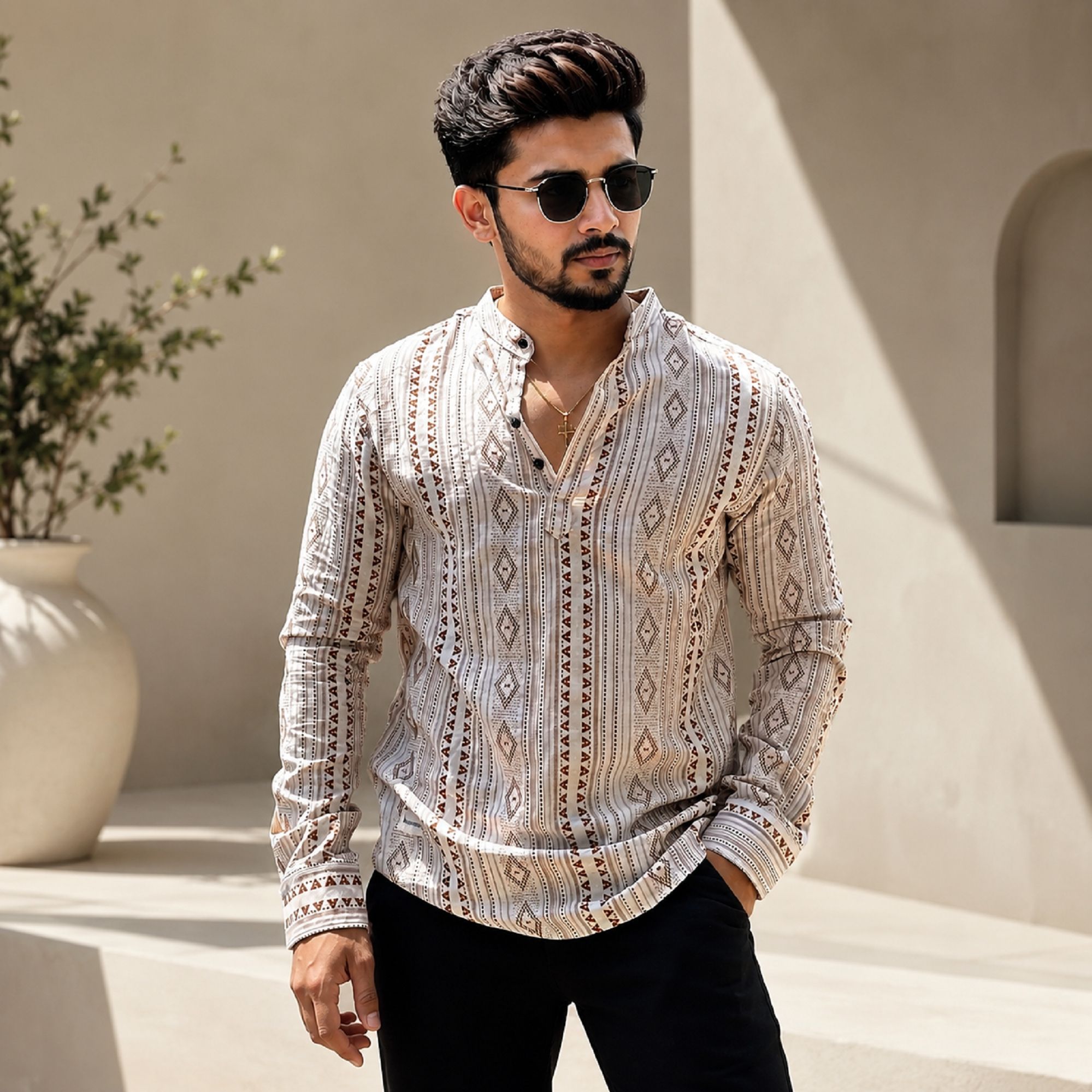 qshopq Printed Linen Blend Straight Kurta for Men-picture-13