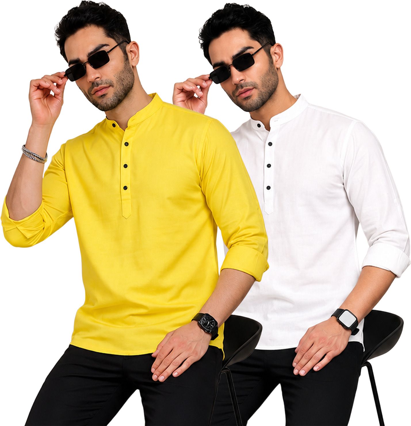 fashion marts Pack of 2 Self Design Cotton Blend Straight Kurta for Men-picture-17