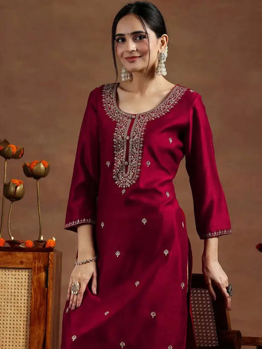 Women Embellished Art Silk A-line Kurta