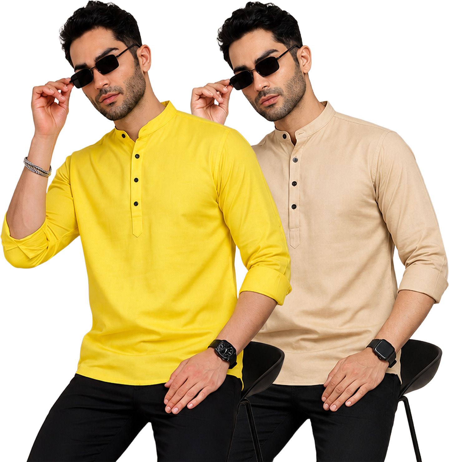 fashion marts Pack of 2 Self Design Cotton Blend Straight Kurta for Men-picture-14