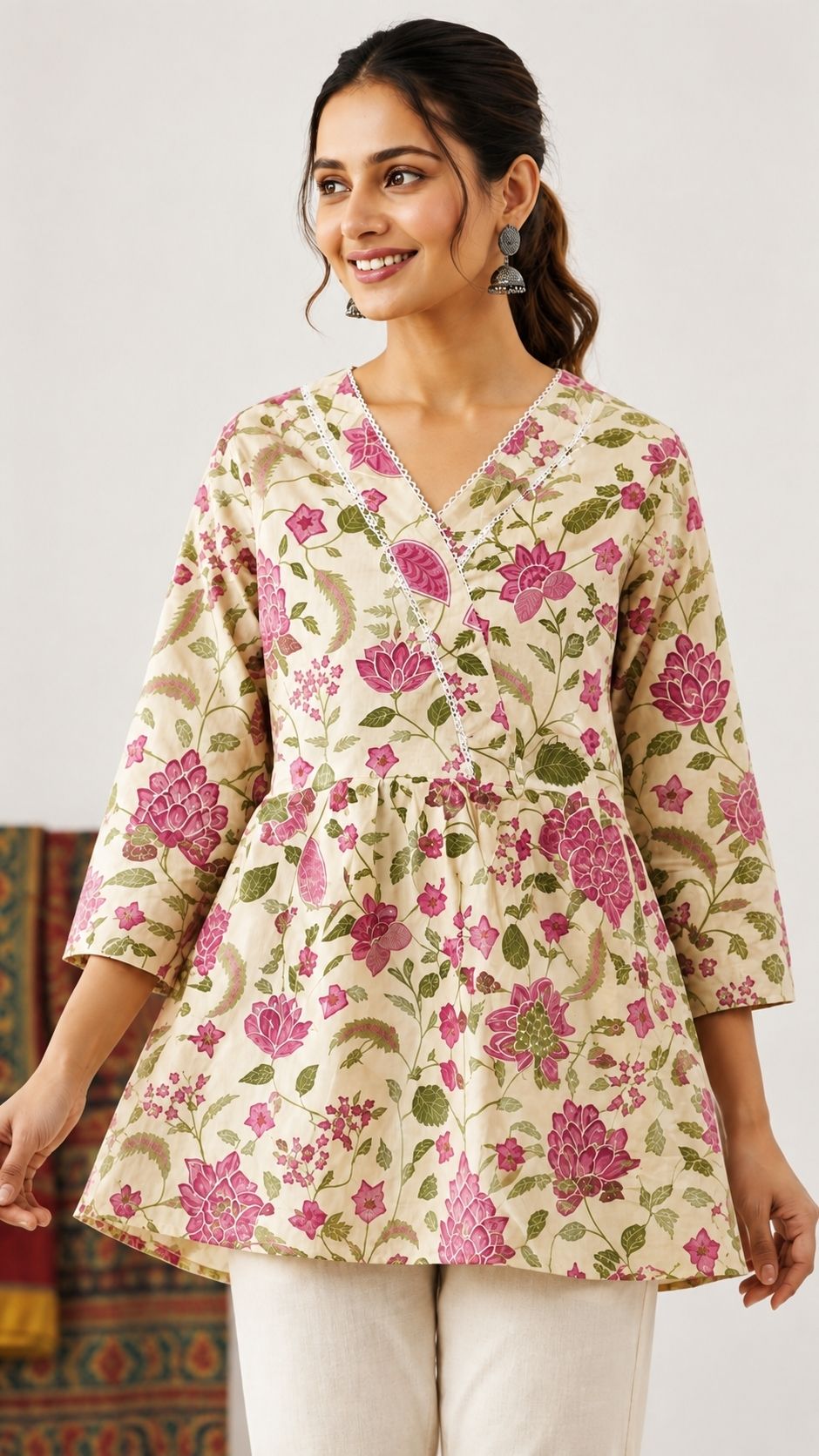 Floral Print Cotton Blend Straight Kurta for Women-image-3
