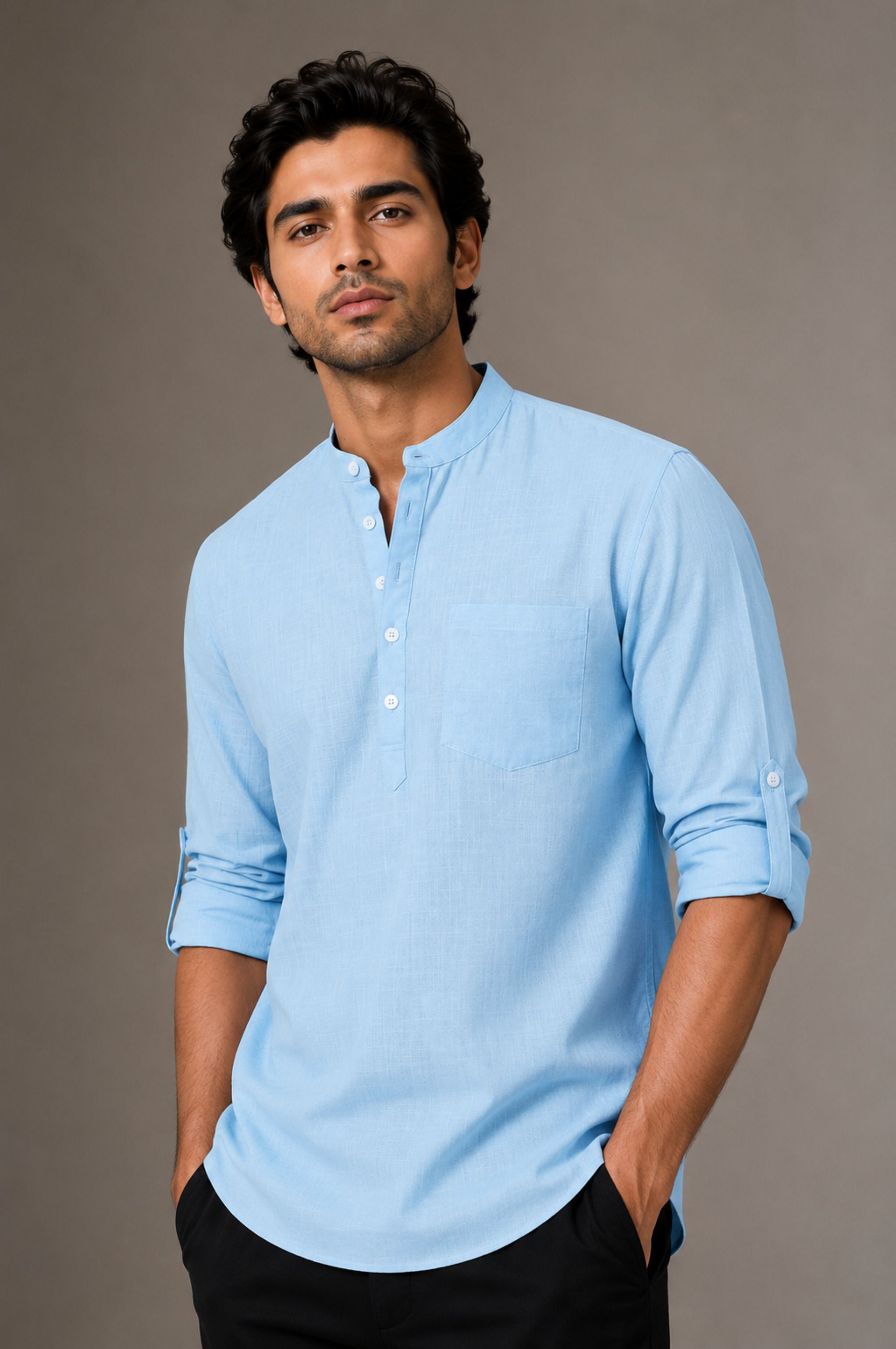 qashida Solid Cotton Linen Straight Kurta for Men-picture-34