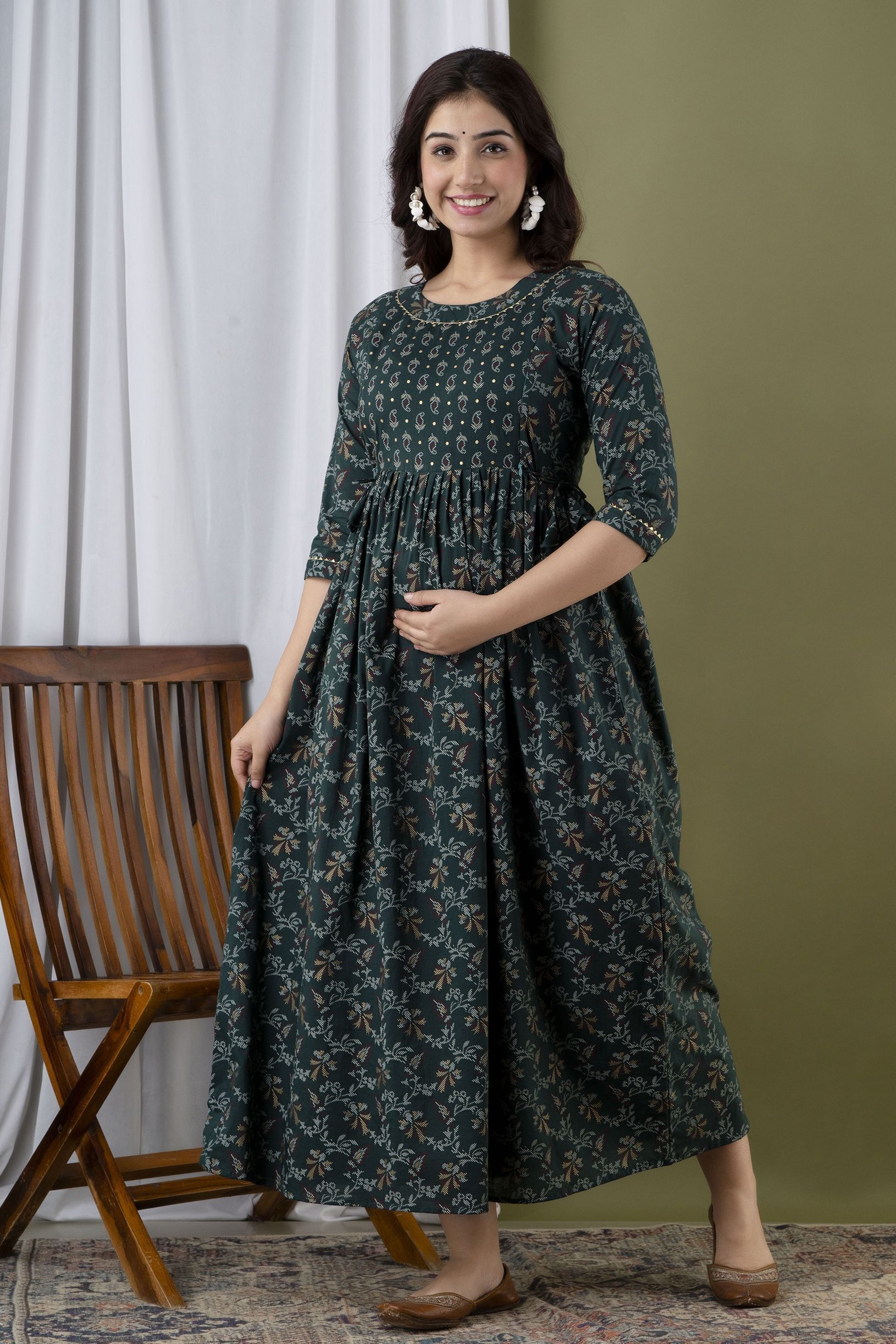 Women Maxi Dark Green, Brown, White Midi/Calf Length Dress-image-2