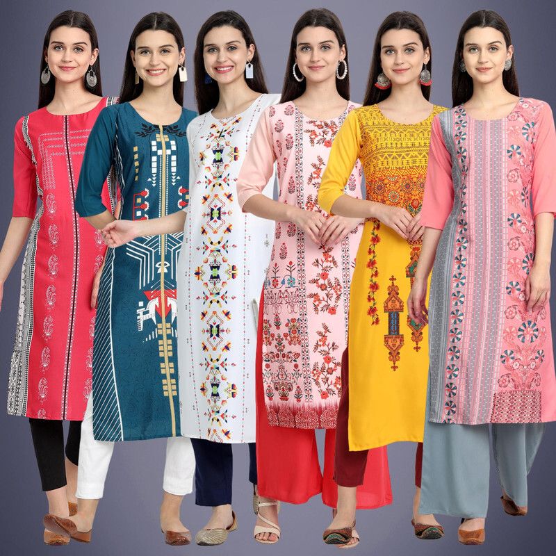 ethnicbasket Pack of 6 Women Printed Crepe Straight Kurta-picture-10