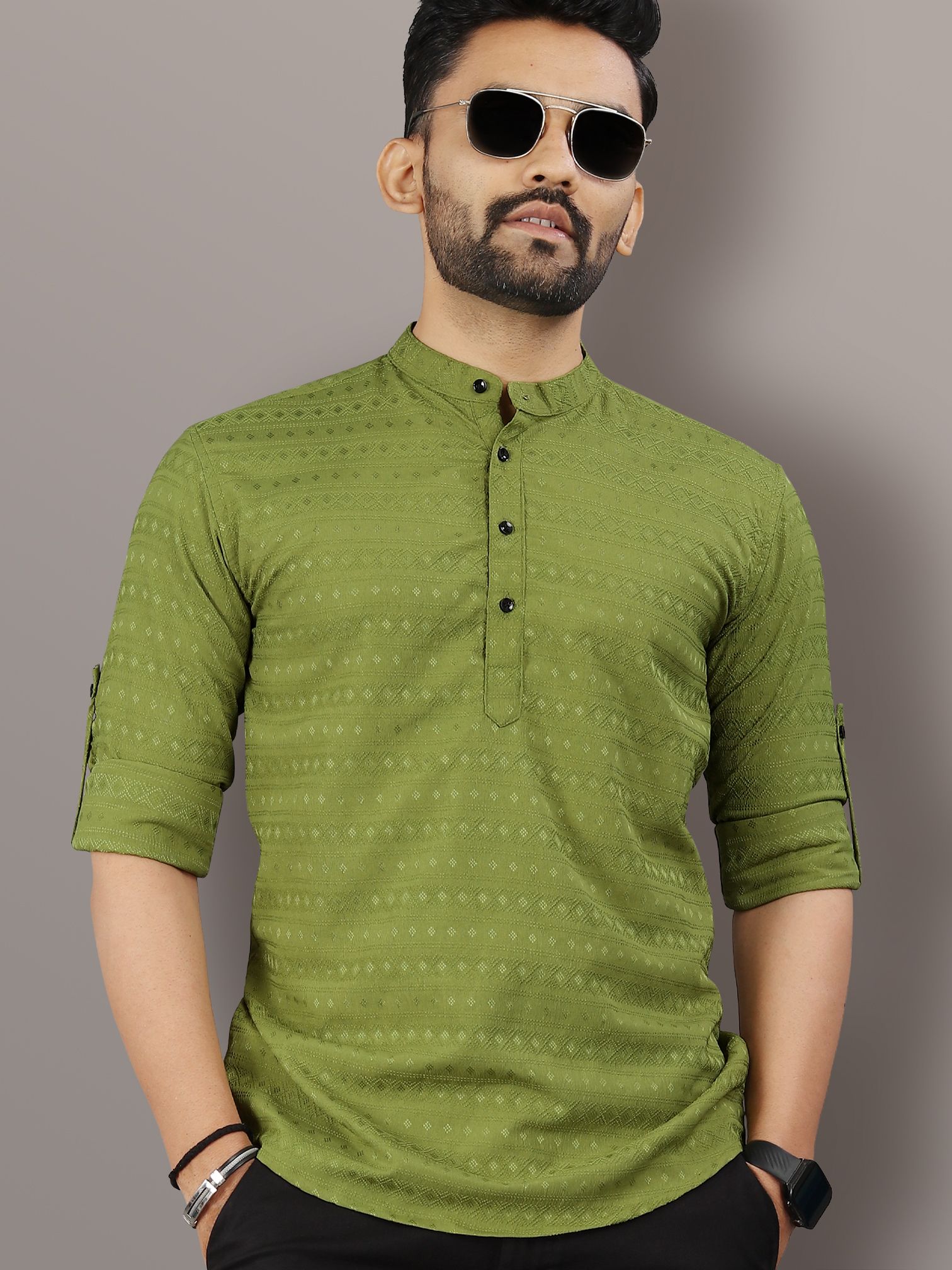 Men Striped Art Silk Straight Kurta