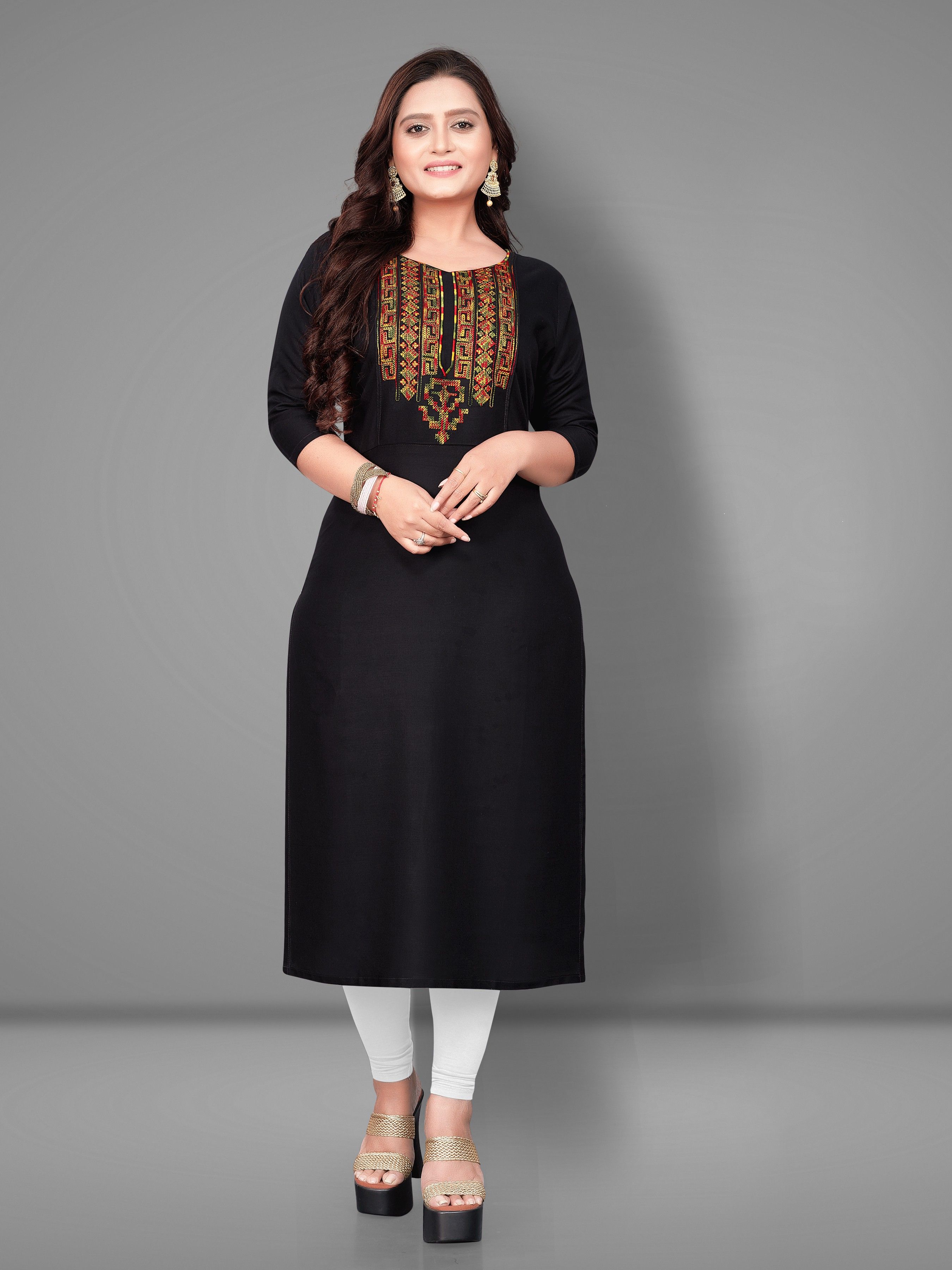 Embroidered Viscose Rayon Straight Kurta for Women-image-3