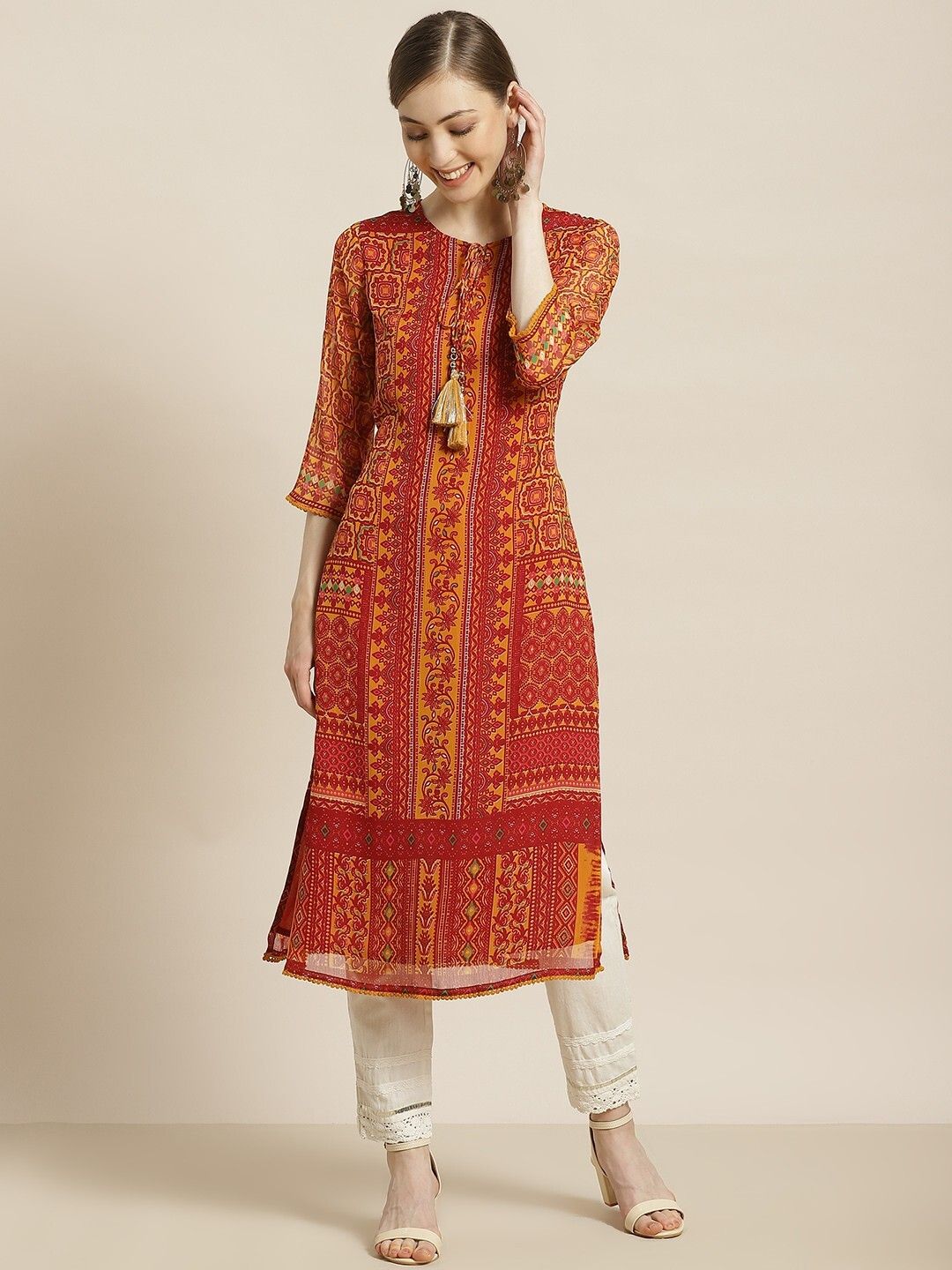 Women Floral Print Chiffon Straight Kurta-image-1