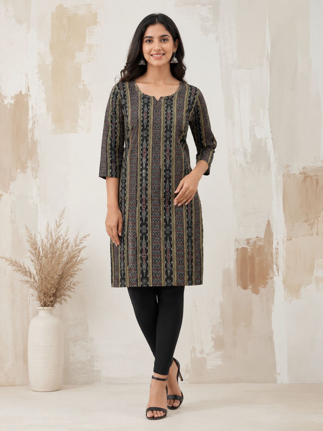 houseofcommon Ikat, Striped, Geometric Print Pure Cotton Straight Kurta for Women-picture-6