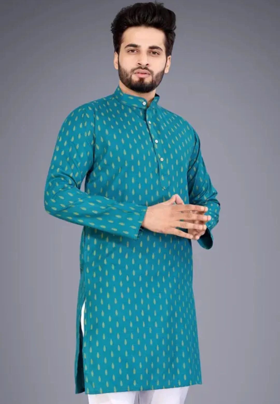 Men Printed, Self Design Cotton Blend, Polyester Straight Kurta-image-2