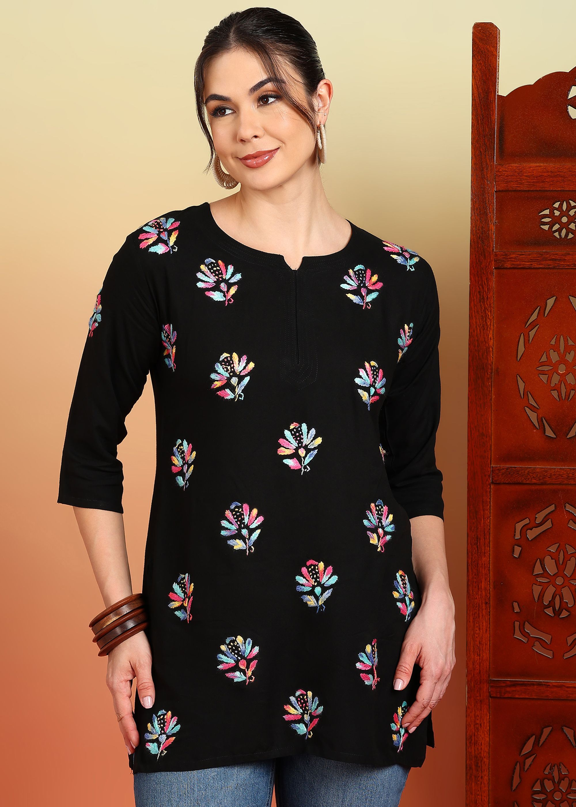 Chikan Embroidery, Embroidered, Paisley, Block Print Liva, Cotton Rayon Straight Kurta for Women-image-32