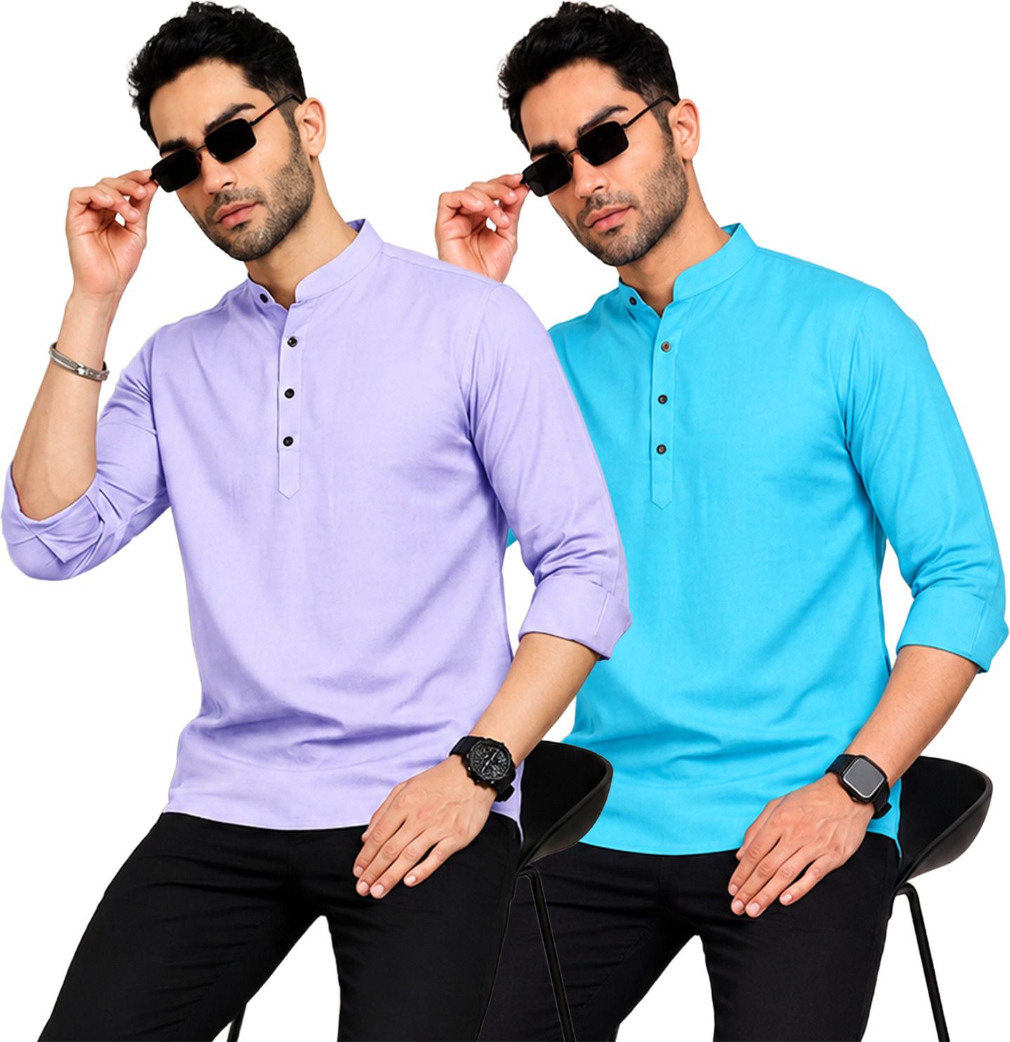 fashion marts Pack of 2 Self Design Cotton Blend Straight Kurta for Men-picture-40