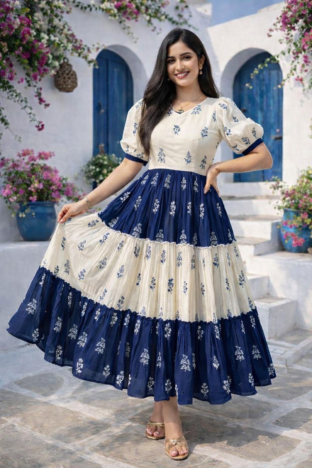 Women Fit and Flare Blue, Beige Midi/Calf Length Dress-image-38