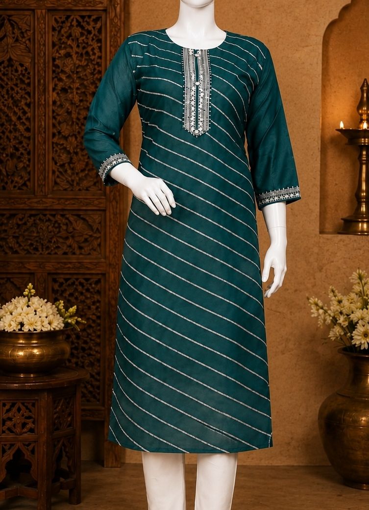 Striped Rayon Slub Straight Kurta for Women-image-3