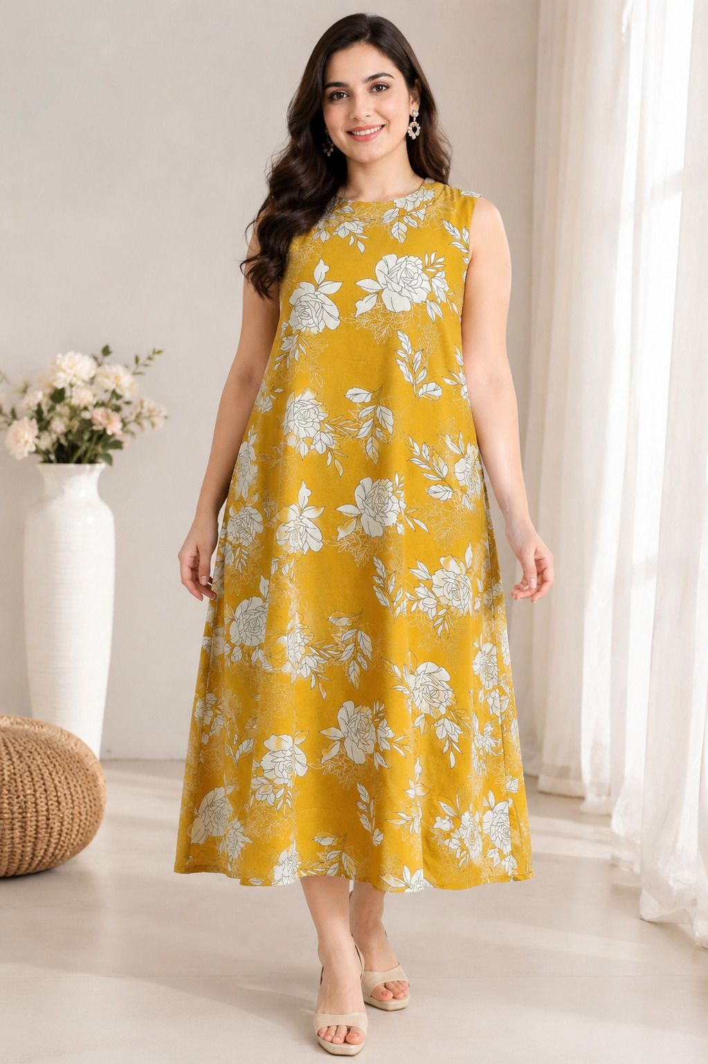 Floral Print Cotton Blend Stitched Flared/A-line Gown-image-3