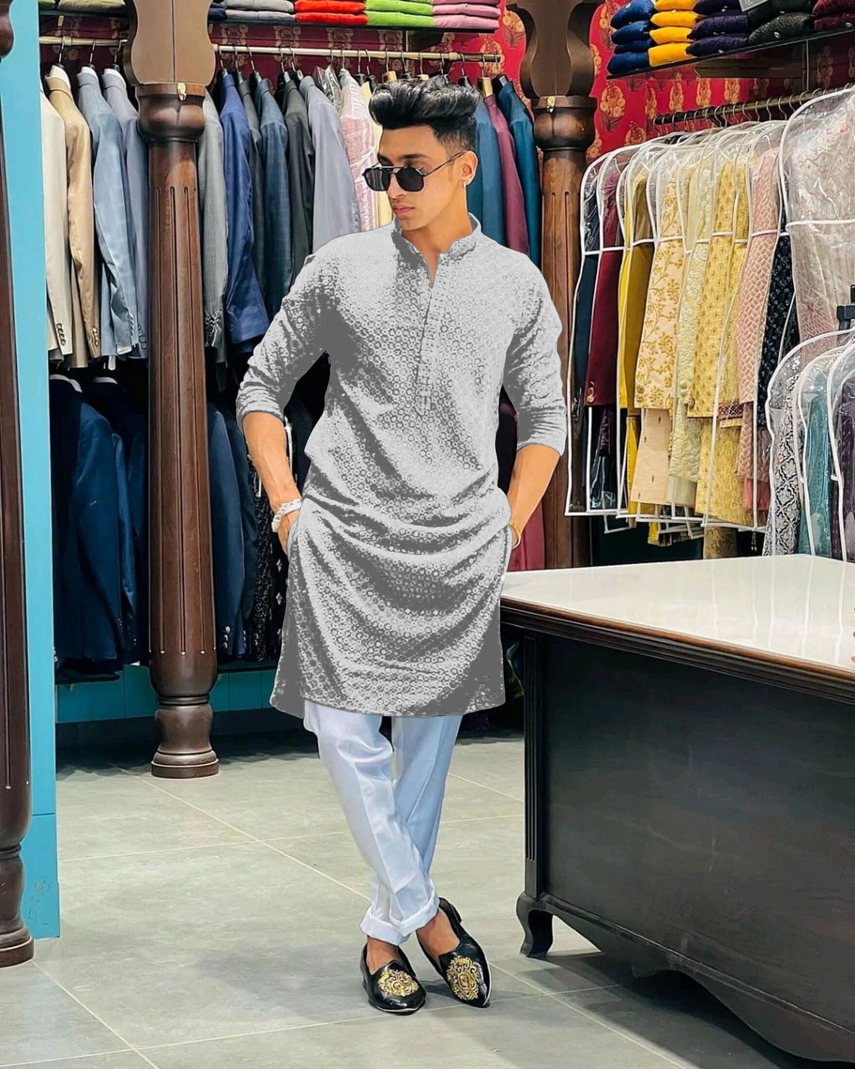 Men Chikan Embroidery Cotton Rayon Straight Kurta-image-39