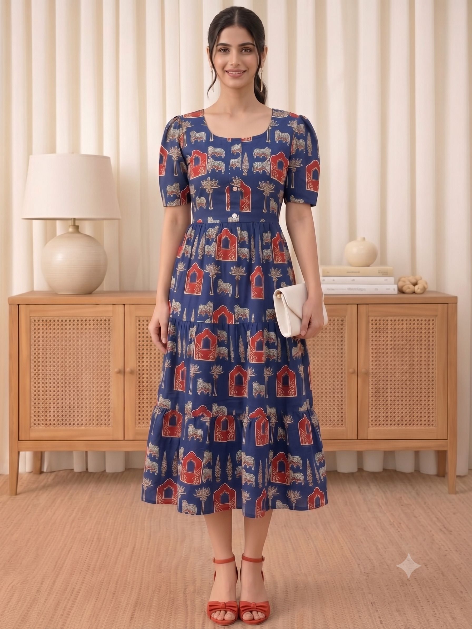 Block Print, Geometric Print, Printed, Self Design Polyester Flared Kurta for Women-image-33
