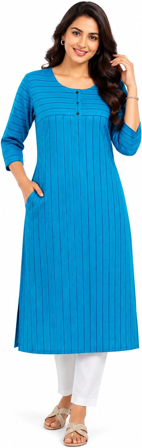 Striped Cotton Blend Straight Kurta for Women-image-49