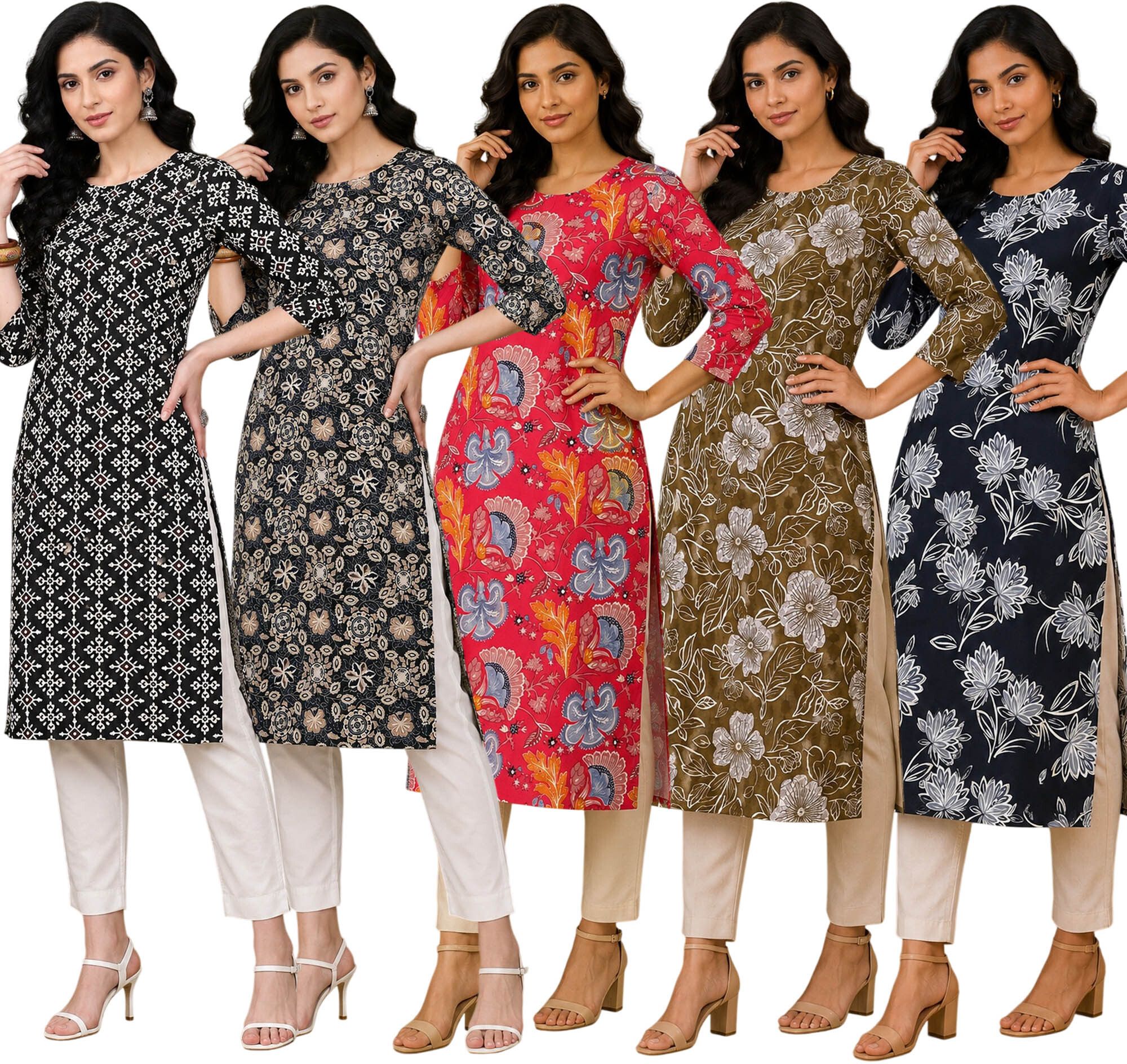 Pack of 5 Printed Crepe A-line Kurta for Women-image-6