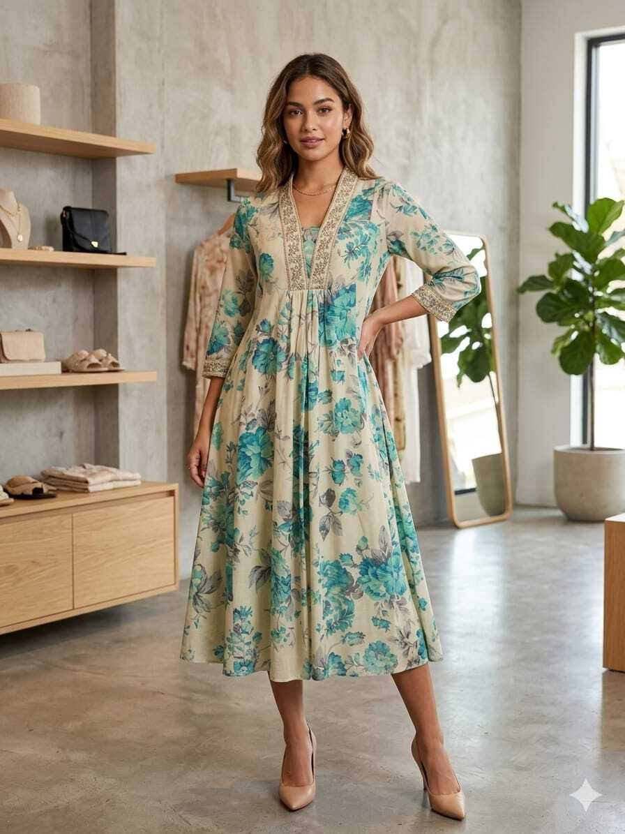 Floral Print Chanderi Flared Kurta for Women-image-45