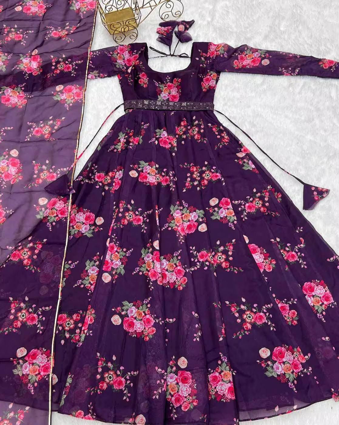 priniti Printed, Embellished, Solid, Paisley, Floral Print, Woven, Embellished Georgette Stitched Anarkali Gown-picture-30