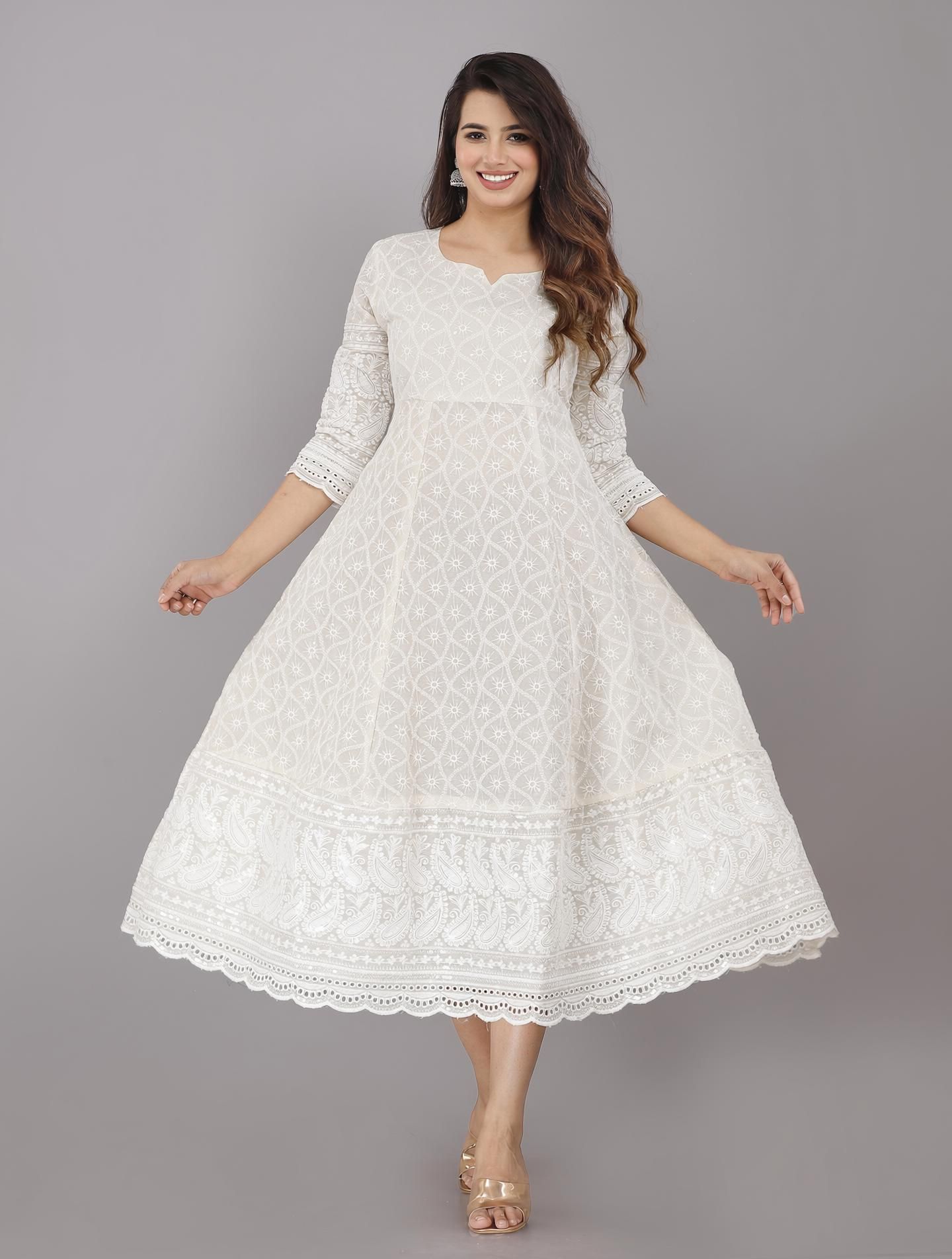 Chikan Embroidery Cotton Blend Flared Kurta for Women-image-4