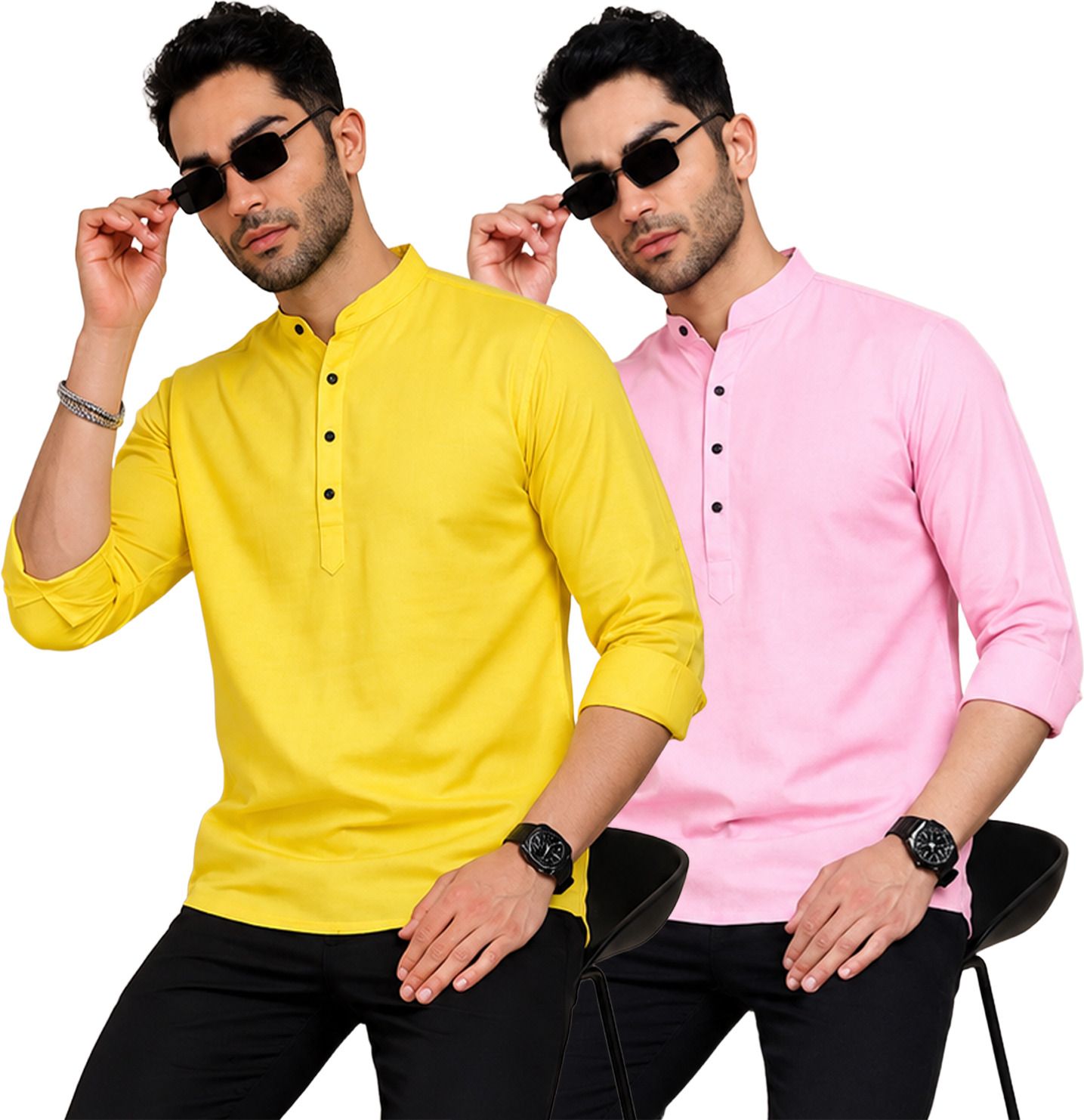 fashion marts Pack of 2 Self Design Cotton Blend Straight Kurta for Men-picture-27