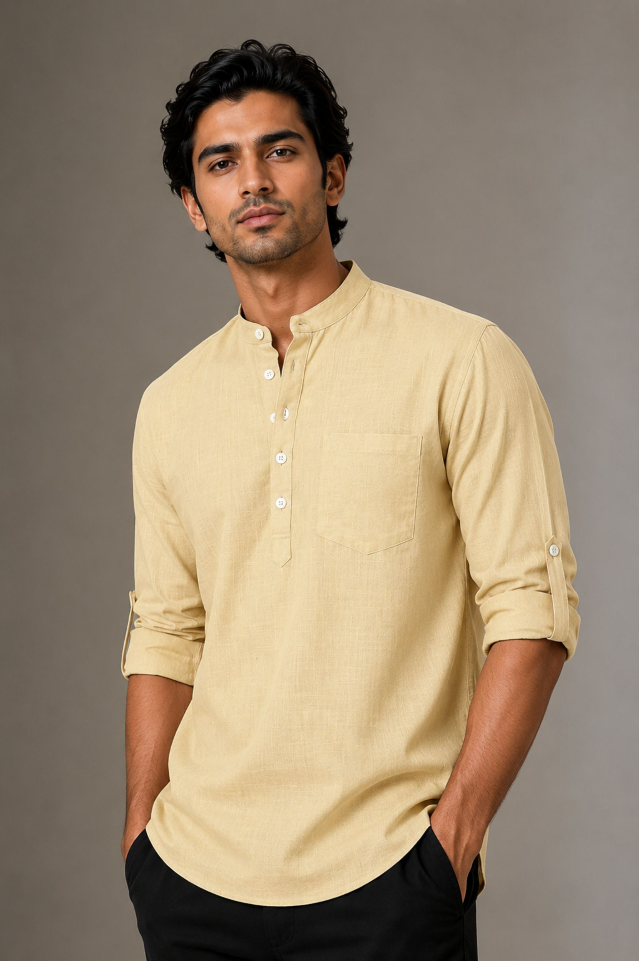 qashida Solid Cotton Linen Straight Kurta for Men-picture-12