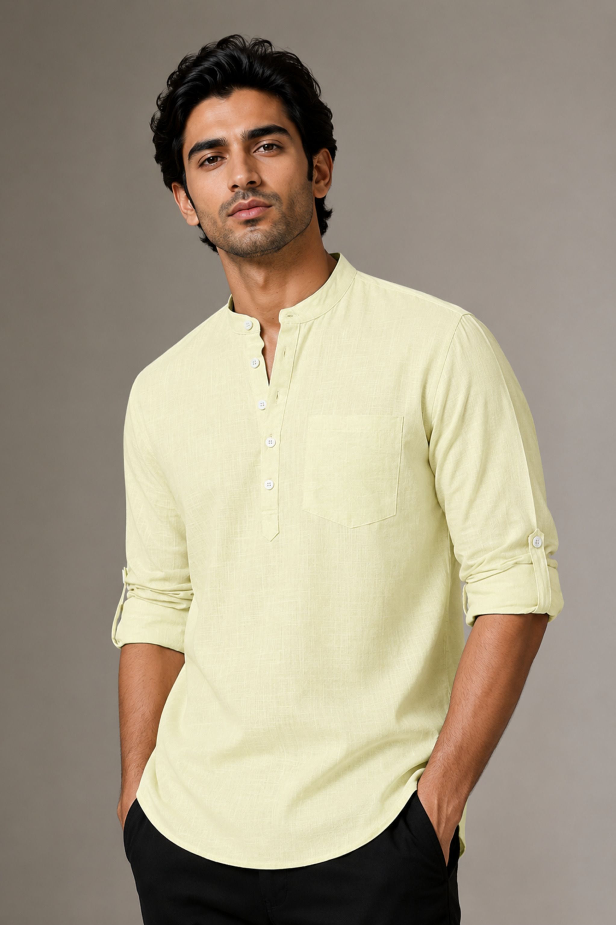 qashida Solid Cotton Linen Straight Kurta for Men-picture-37