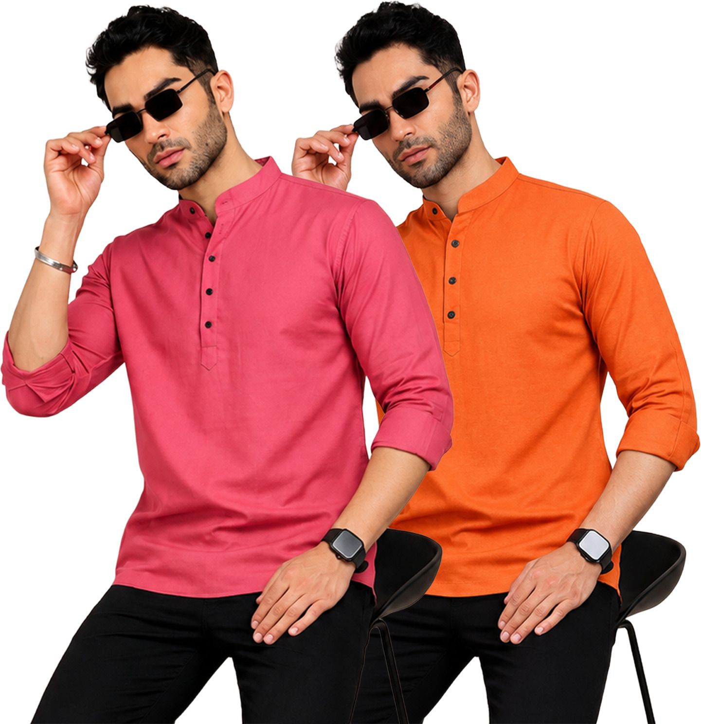 fashion marts Pack of 2 Self Design Cotton Blend Straight Kurta for Men-picture-30