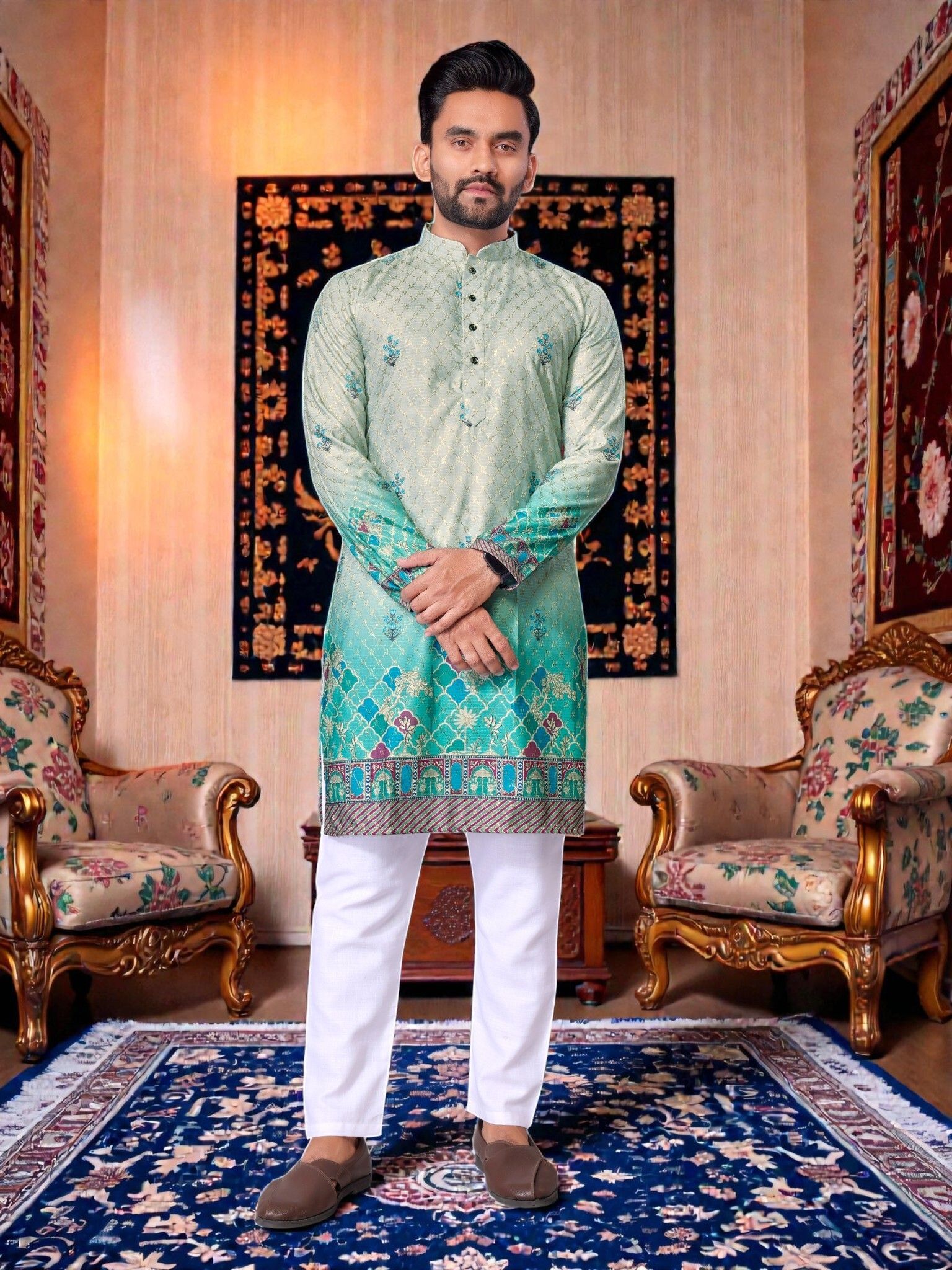 maithili creation Men Printed, Floral Print, Geometric Print Cotton Blend Straight Kurta-picture-11