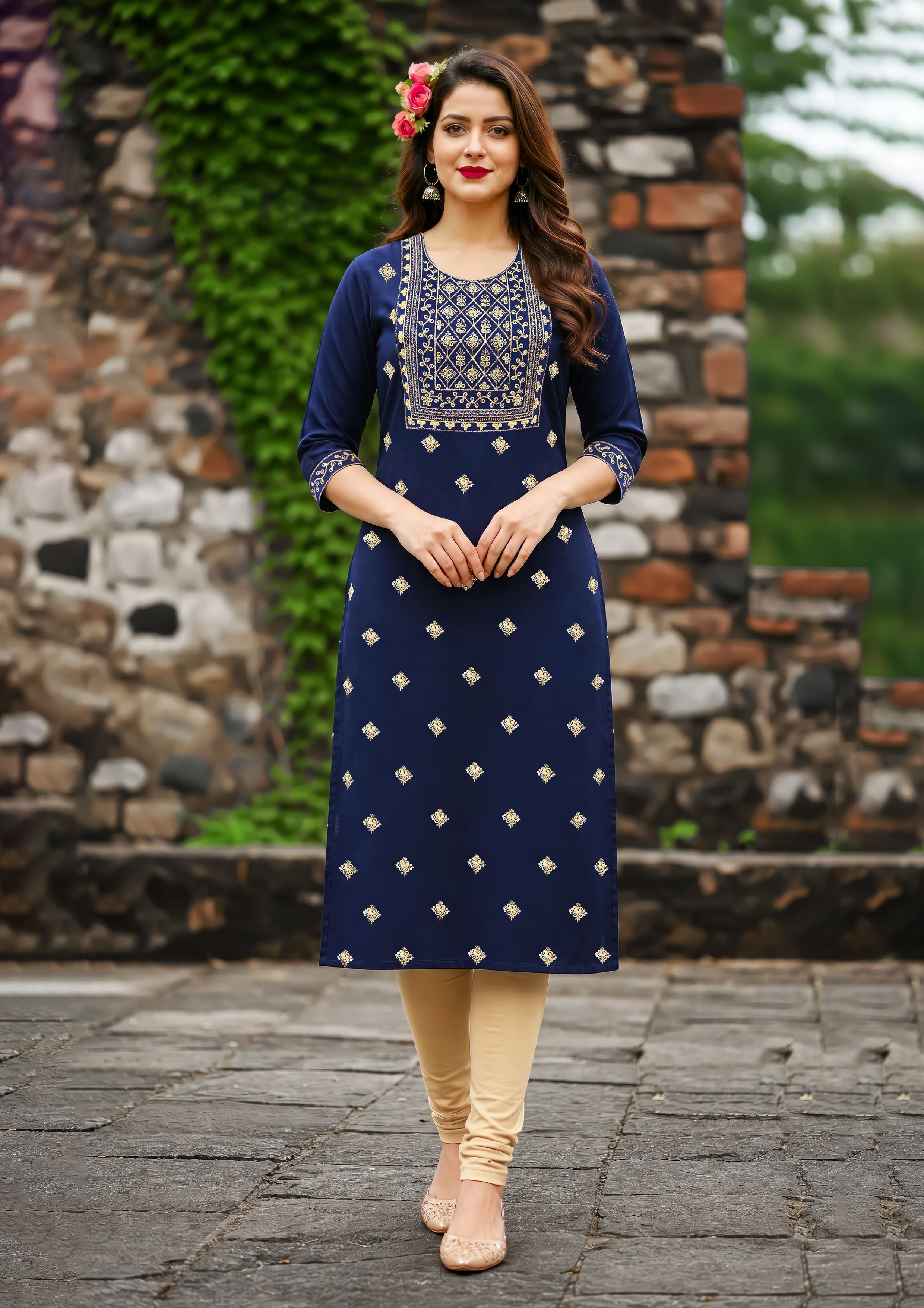 Embroidered Cotton Rayon A-line Kurta for Women-image-21