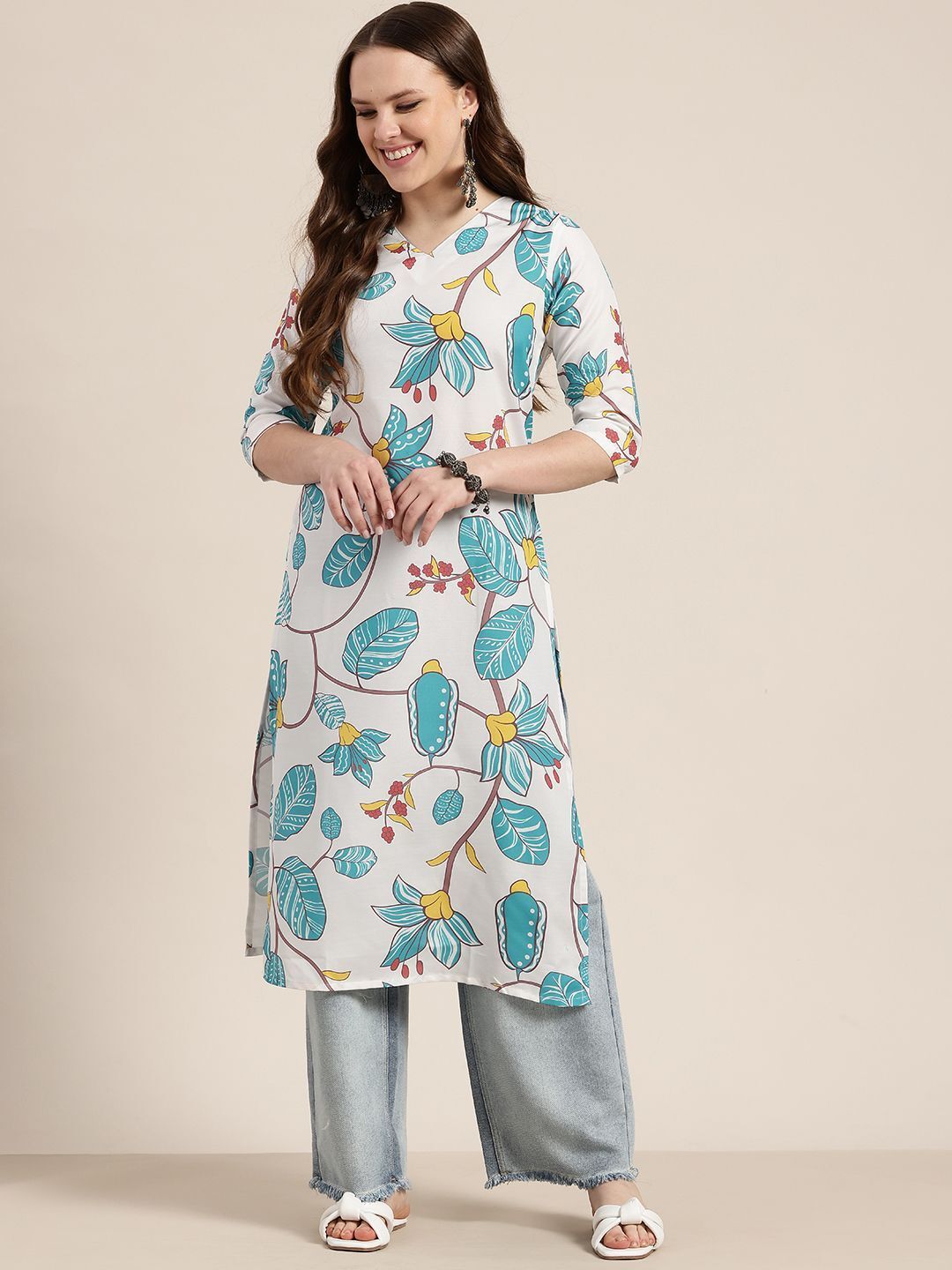 here&now Women Floral Print Polyester A-line Kurta-picture-11