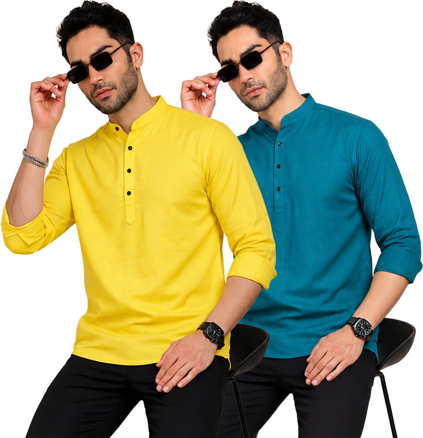 fashion marts Pack of 2 Self Design Cotton Blend Straight Kurta for Men-picture-13