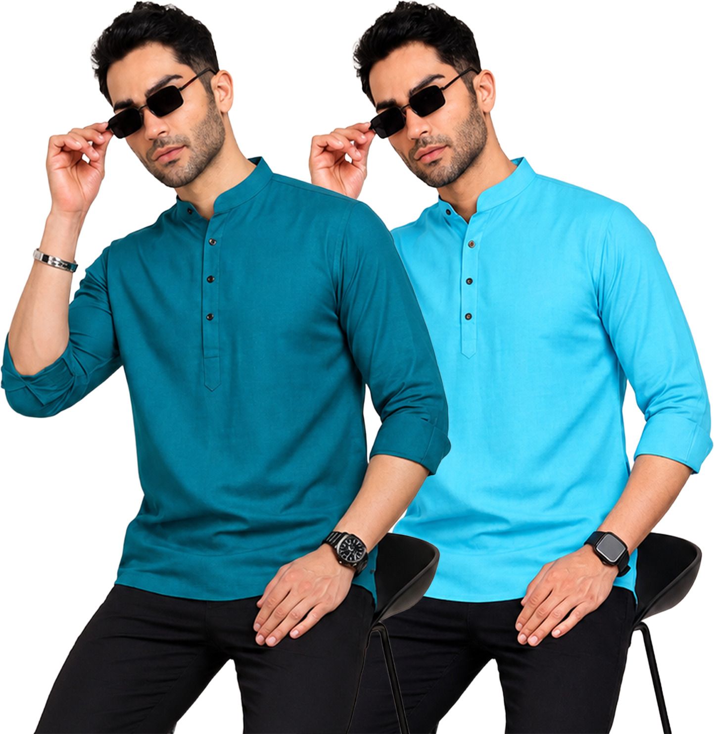 fashion marts Pack of 2 Self Design Cotton Blend Straight Kurta for Men-picture-24