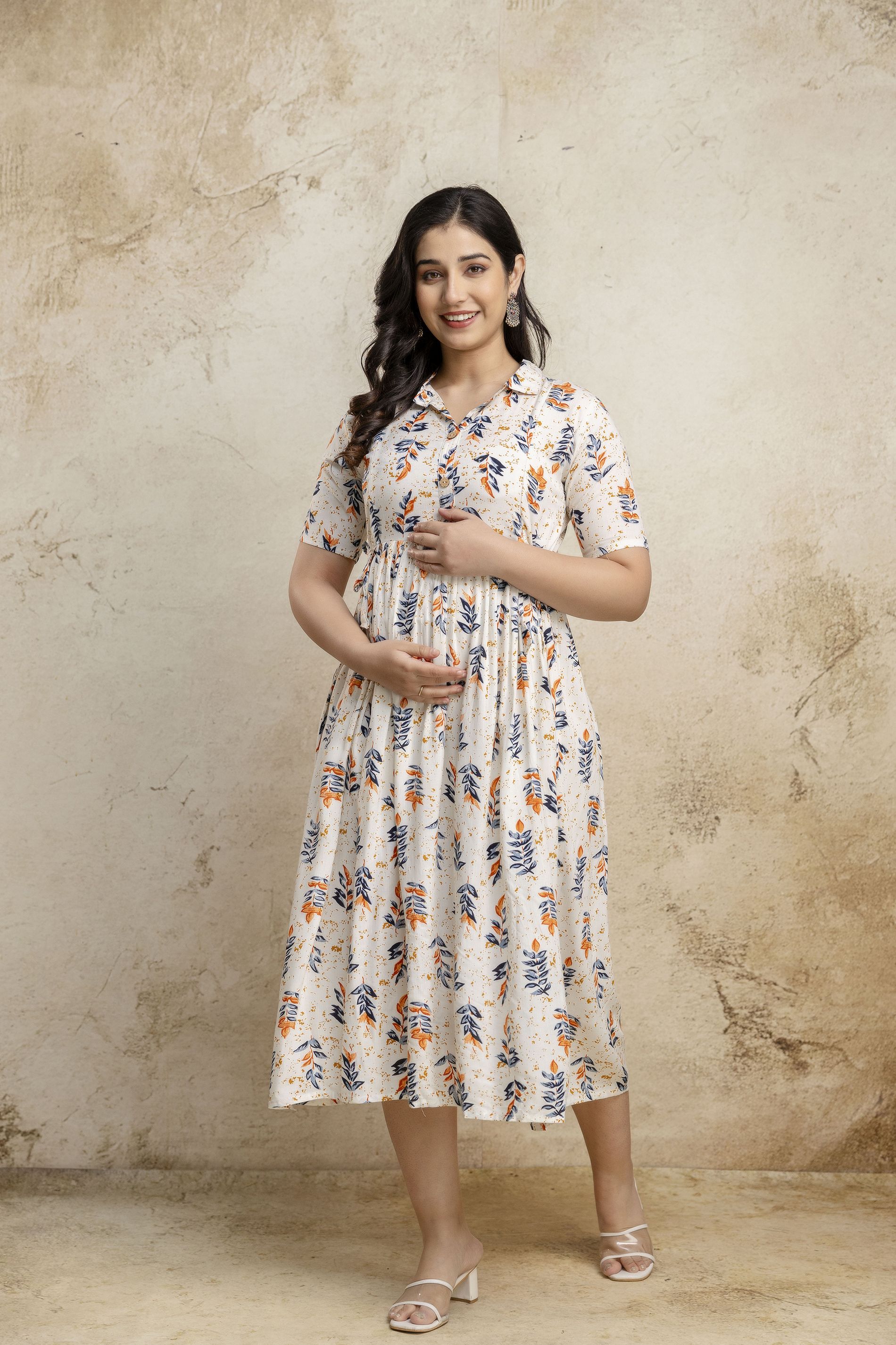 Women Fit and Flare Beige Below Knee Dress-image-28