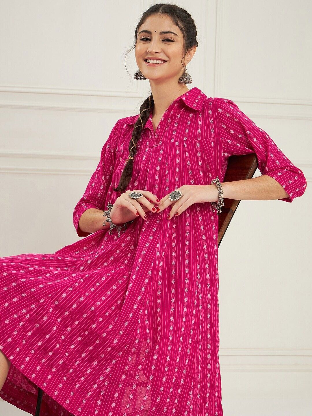Striped, Printed Cotton Blend Flared Kurta for Women-image-11