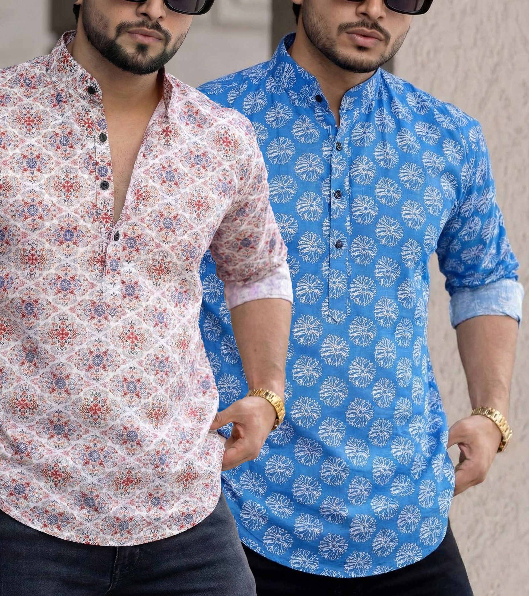 Pack of 2 Men Geometric Print, Printed Pure Cotton Straight Kurta-image-2