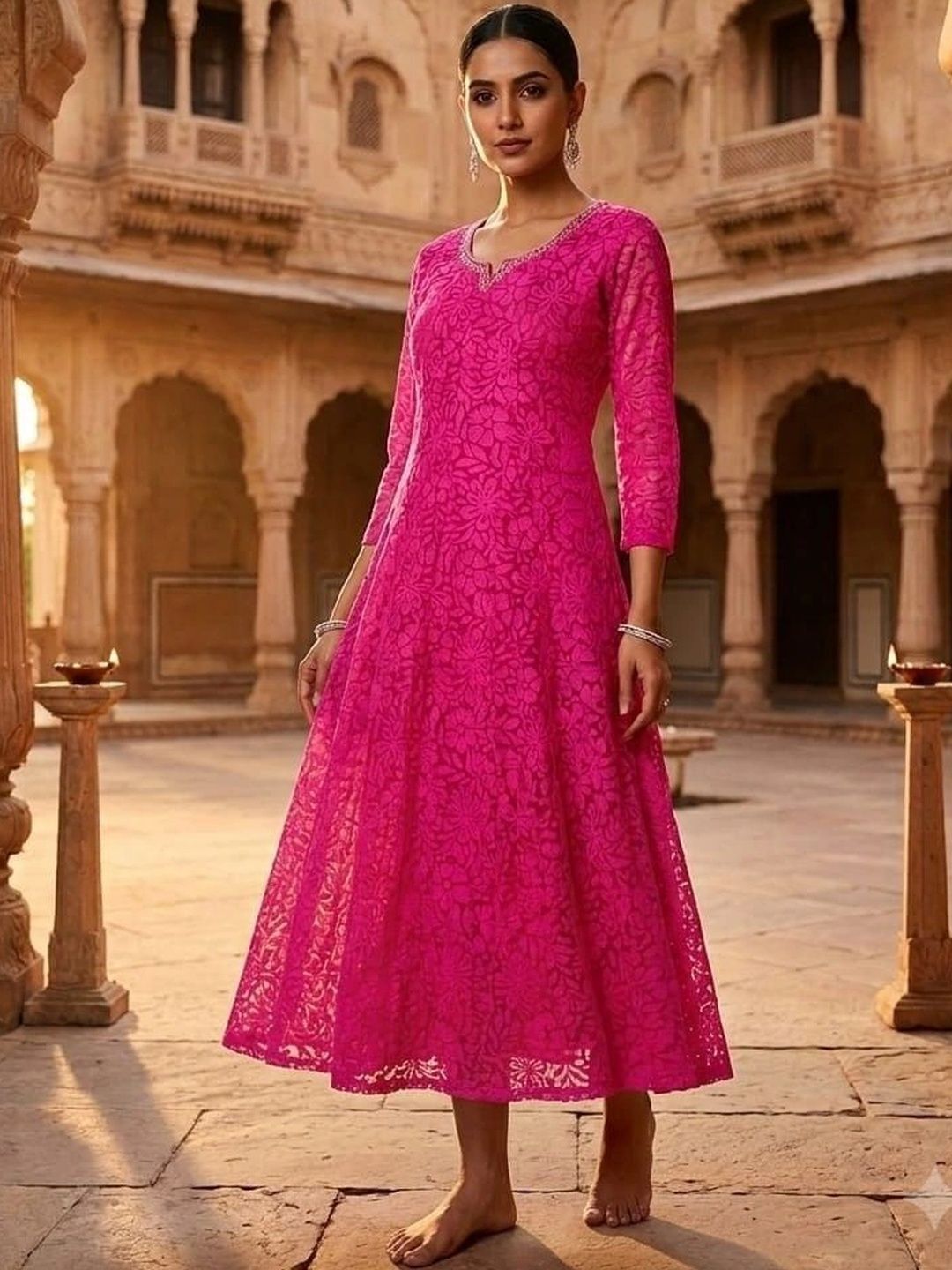 Printed Net A-line Kurta for Women-image-8