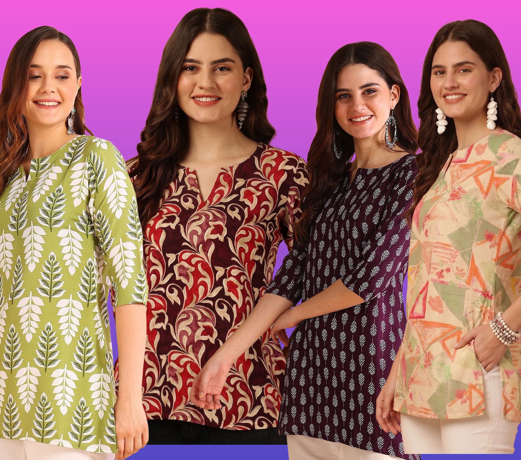 v and v shop Pack of 4 Printed Cotton Rayon Tunic Kurta for Women-picture-0