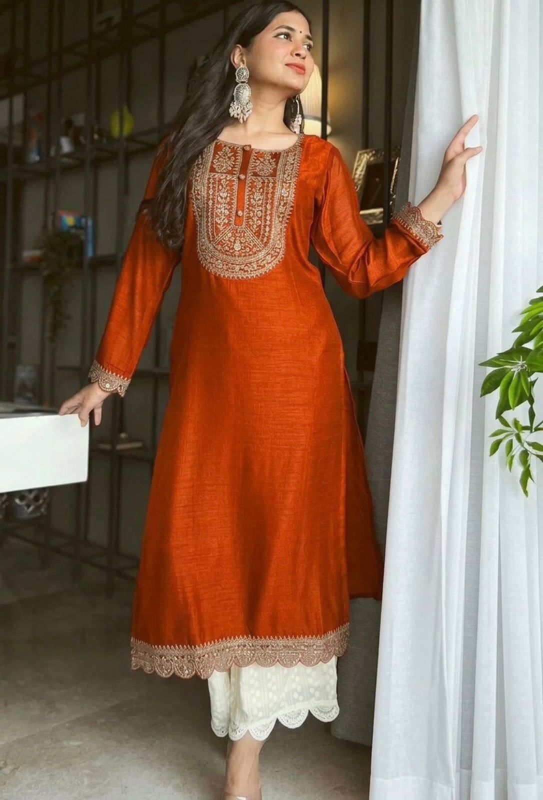 Embroidered Silk Blend Straight Kurta for Women-image-14