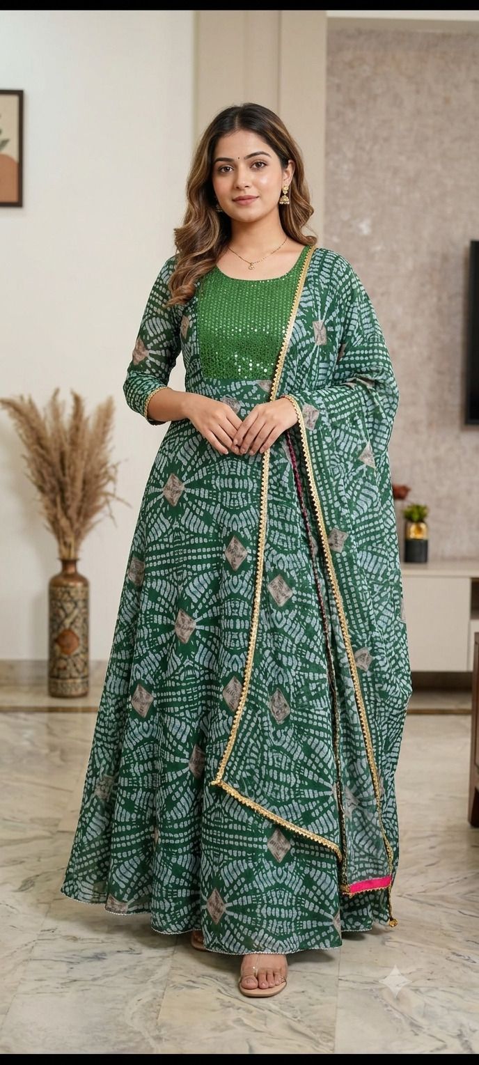 Printed, Bandhani, Geometric Print Crepe, Georgette Anarkali Kurta for Women With Attached Dupatta-image-4