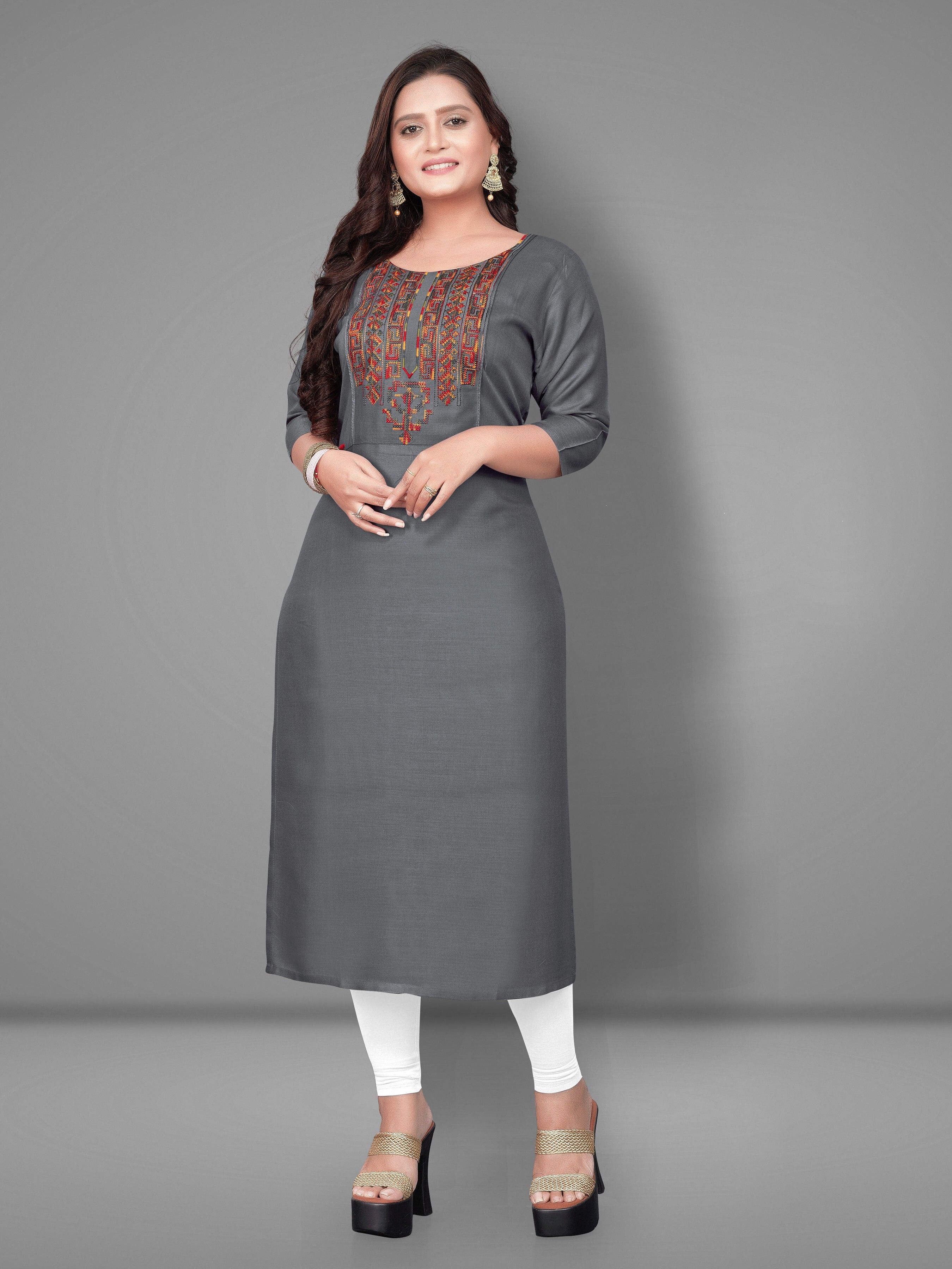 Embroidered Cotton Rayon A-line Kurta for Women-image-4