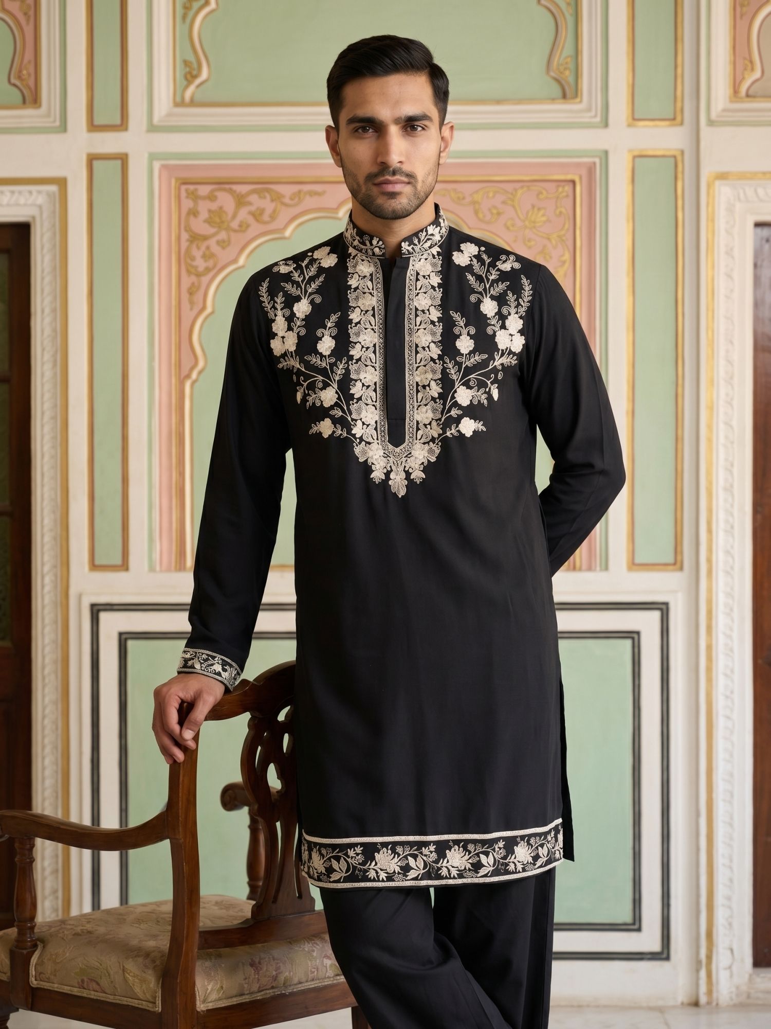 jompers Embroidered Cotton Blend Straight Kurta for Men-picture-24