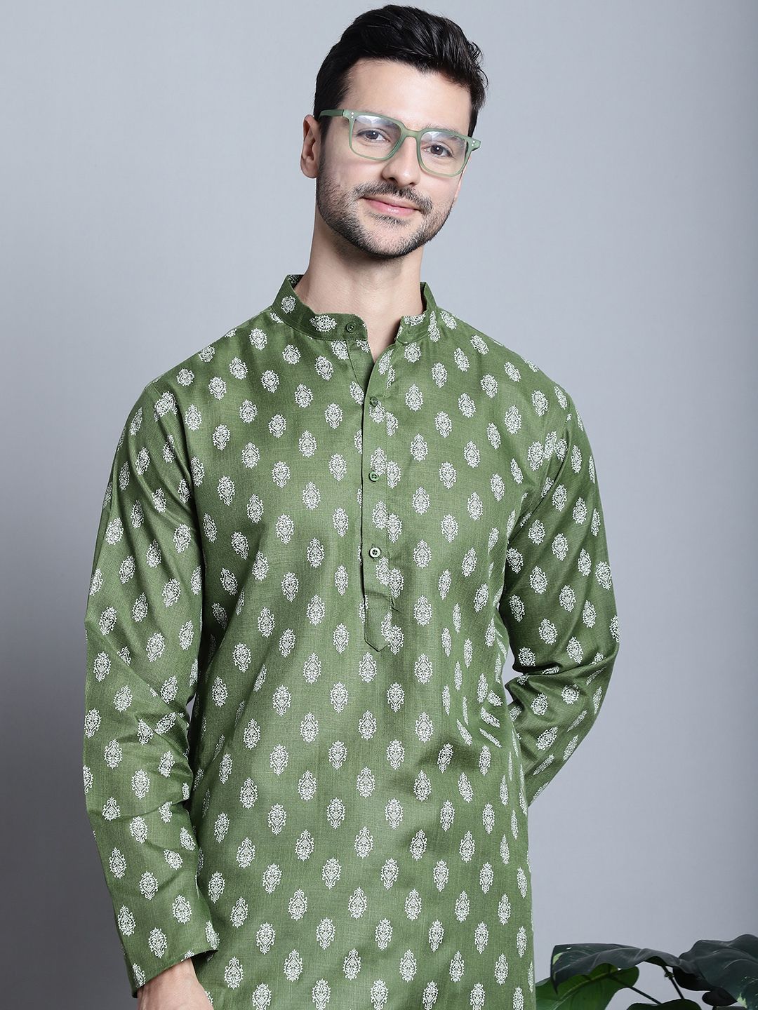 Men Floral Print Cotton Blend Straight Kurta-image-11