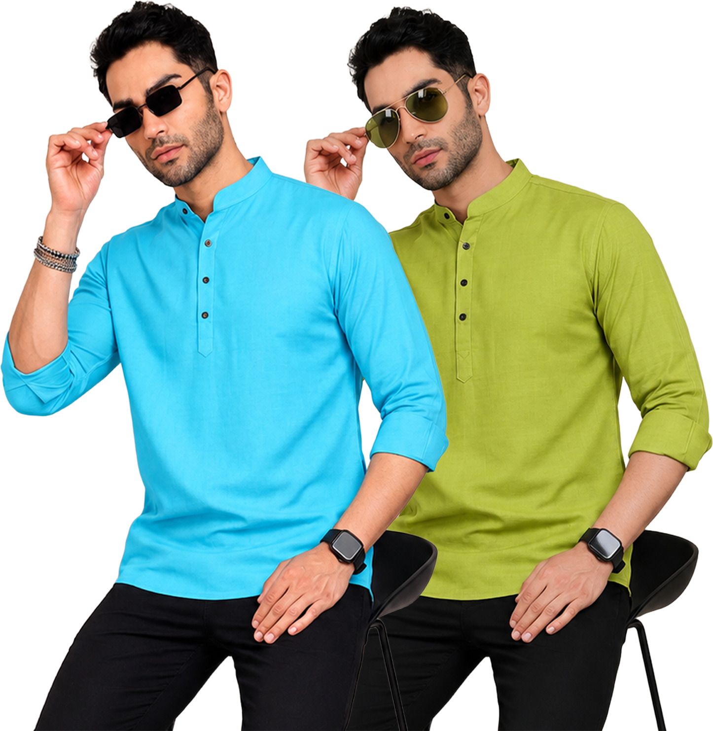 fashion marts Pack of 2 Self Design Cotton Blend Straight Kurta for Men-picture-10