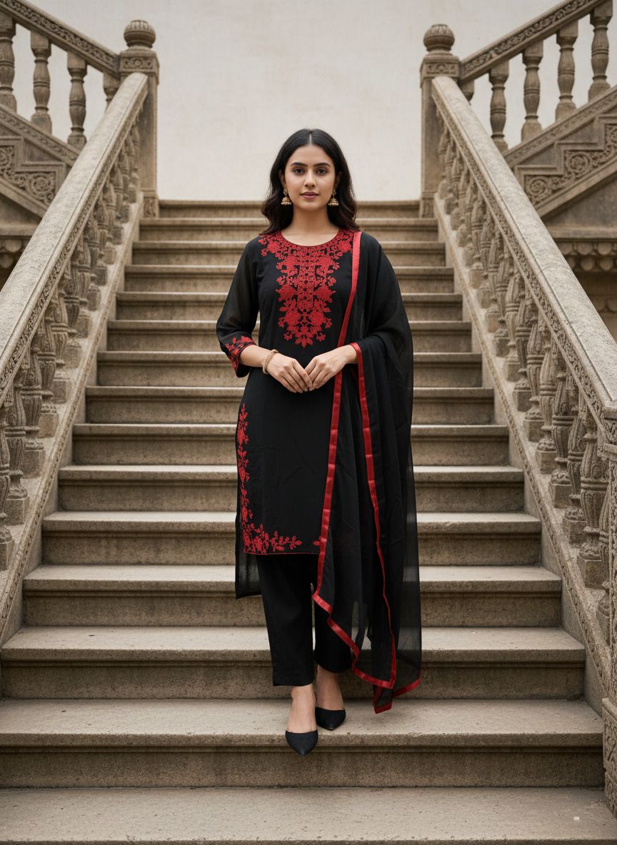 D35 Black Embroidered Kurta, Trouser/Pant & Dupatta Set-image-5
