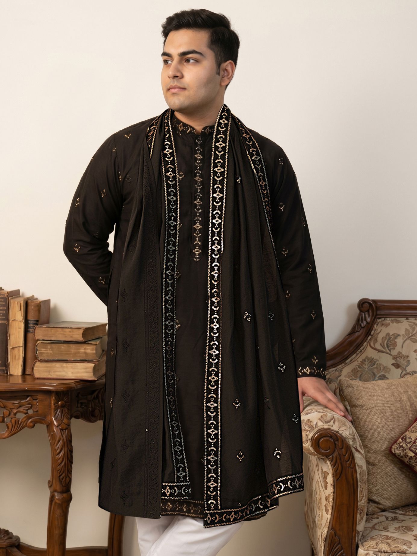 jompers Men Embroidered Silk Blend Straight Kurta With Attached Dupatta-picture-13