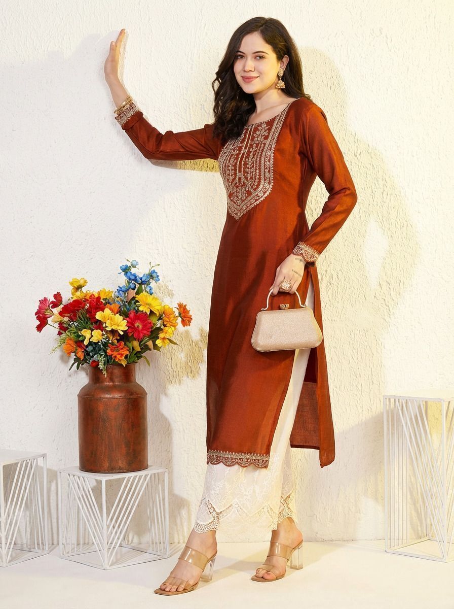 Women Embroidered Silk Blend Straight Kurta