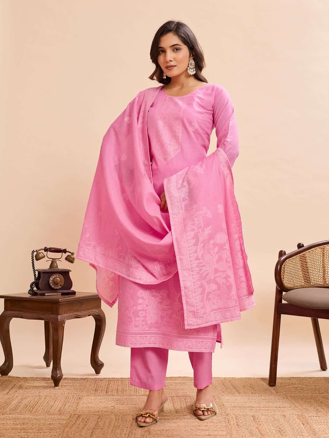Embroidered, Chikan Embroidery, Solid Pure Cotton Straight Kurta for Women With Attached Dupatta-image-18