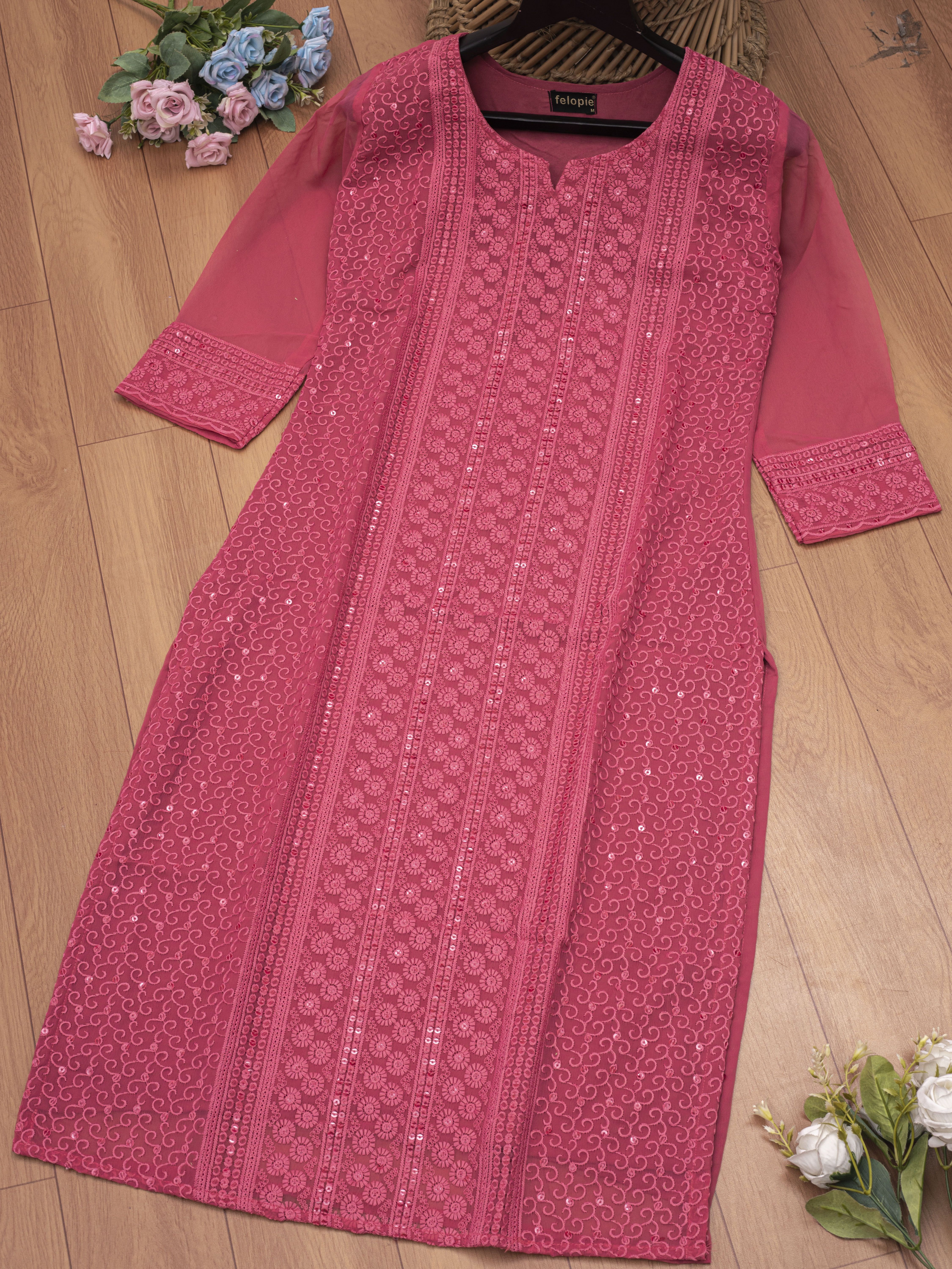 Women Chikan Embroidery Georgette A-line Kurta